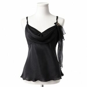 Vintage Pamela Brown M Silk Camisole Cowl Neck Rhinestone Brooch Black Femme